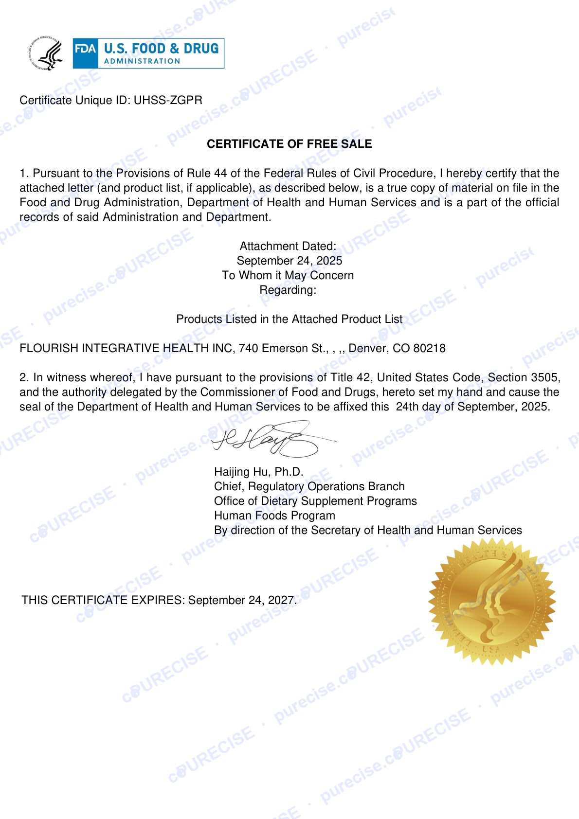 Certificate of Free Sale